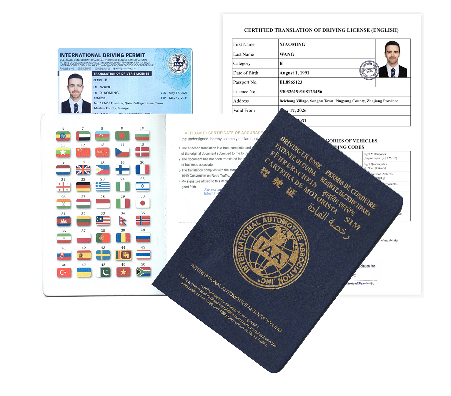 International Driving Permit card, booklet and phone